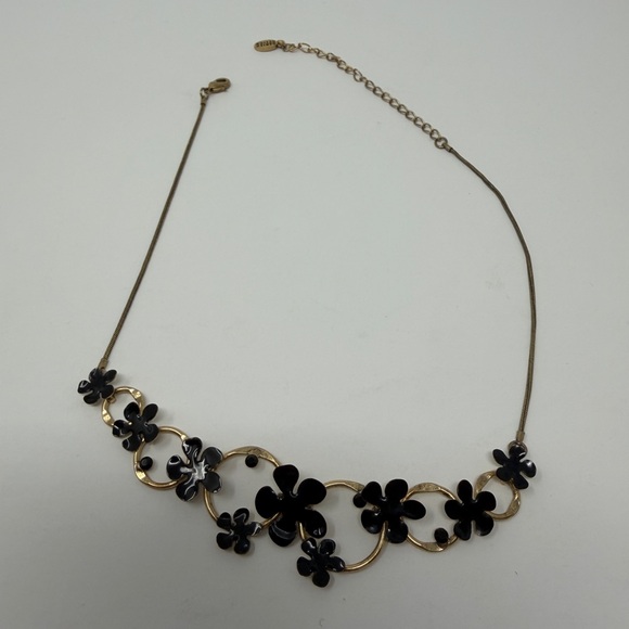 Danish Pilgrim Gold Black Flower Pendant Statement Necklace - Picture 3 of 7